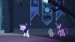 Size: 480x270 | Tagged: safe, screencap, rarity, spike, twilight sparkle, alicorn, pony, g4, the cutie re-mark, alternate timeline, animated, cute, eyes closed, female, floppy ears, horses doing horse things, jumping, mare, night maid rarity, nightmare takeover timeline, running, sad, twilight sparkle (alicorn), twilight's little leap, walking