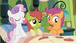 Size: 1366x768 | Tagged: safe, screencap, apple bloom, scootaloo, sweetie belle, family appreciation day, g4, backwards thermometer, cutie mark crusaders, green face, thermometer