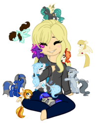 Size: 661x853 | Tagged: safe, artist:cayfie, oc, oc only, oc:amber, oc:clarity, oc:crystal vision, oc:flare shot, oc:heart stabber, oc:katisha, oc:mint chip, oc:moon chaser, oc:silver bolt, oc:szel, bat pony, cyborg, human, pony, amputee, barefoot, cute, eyes closed, feet, micro, non-mlp oc, tiny ponies