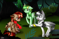 Size: 3000x2000 | Tagged: safe, artist:pillonchou, oc, oc only, oc:meadow dawn, oc:silver wing, oc:winterlight, pegasus, pony, timber wolf, unicorn, clothes, everfree forest, fanfic, high res, interrogation, scarf