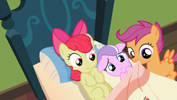 Size: 1366x768 | Tagged: safe, edit, screencap, apple bloom, diamond tiara, scootaloo, family appreciation day, g4, crying, floppy ears, shipper on deck