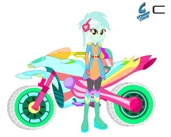 Size: 810x652 | Tagged: safe, artist:karalovely, lyra heartstrings, equestria girls, g4, my little pony equestria girls: friendship games, background human, boots, clothes, female, gloves, headphones, helmet, motorcross, motorcycle, shoes, simple background, solo, white background, wondercolts