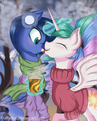 Size: 1636x2048 | Tagged: safe, artist:fluffydus, princess celestia, princess luna, g4, blushing, chocolate, clothes, eyes closed, food, hot chocolate, magic, scarf, snow, sweater, telekinesis, tongue out, whipped cream