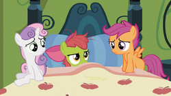 Size: 1366x768 | Tagged: safe, screencap, apple bloom, scootaloo, sweetie belle, earth pony, pony, family appreciation day, g4, cutie mark crusaders