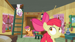 Size: 1366x768 | Tagged: safe, screencap, apple bloom, scootaloo, sweetie belle, family appreciation day, g4, cutie mark crusaders, upside down