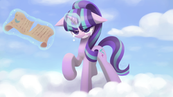 Size: 1920x1080 | Tagged: safe, artist:howxu, starlight glimmer, g4, the cutie re-mark, cloud, crying, female, scroll, solo