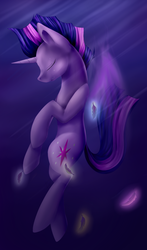Size: 1000x1700 | Tagged: safe, artist:lighstring, twilight sparkle, alicorn, pony, g4, bubble, eyes closed, feather, female, glowing, mare, solo, twilight sparkle (alicorn), underwater