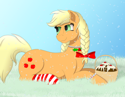 Size: 4500x3500 | Tagged: safe, artist:fia94, applejack, g4, braid, clothes, female, holly, necklace, prone, snow, snowfall, socks, solo, striped socks