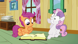 Size: 1280x720 | Tagged: safe, screencap, scootaloo, sweetie belle, g4, hearts and hooves day (episode), book, hearts and hooves day, reading