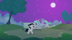 Size: 2970x1670 | Tagged: safe, artist:rozyfly10, flitter, rumble, pegasus, pony, g4, bench, blushing, cute, duo, female, male, moon, night, park background, ponyville, ship:flitterumble, shipping, straight, straight shota, tree