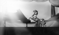 Size: 1600x960 | Tagged: safe, artist:mylittleasspit, coloratura, g4, my little pony: friendship is magic, the mane attraction, eyes closed, female, grayscale, monochrome, musical instrument, piano, rara, scene interpretation, singing, solo