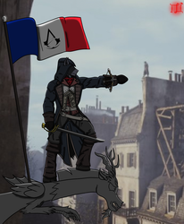 Size: 1650x2000 | Tagged: safe, artist:lucandreus, discord, anthro, unguligrade anthro, g4, arno dorian, assassin's creed, assassin's creed unity, crossover, french flag, saber, weapon