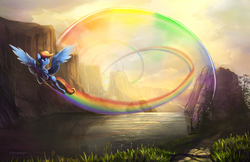 Size: 2200x1423 | Tagged: safe, artist:viwrastupr, rainbow dash, pegasus, pony, g4, featured image, female, flying, mountain, outdoors, rainbow trail, river, scenery, scenery porn, smiling, solo, sonic rainboom, spread wings, tree, water