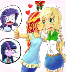 Size: 1200x1303 | Tagged: safe, artist:jumboz95, applejack, rarity, sunset shimmer, twilight sparkle, equestria girls, g4, blushing, cheek kiss, clothes, denim skirt, female, implied rarijack, implied sunsetsparkle, kissing, lesbian, mistletoe, open mouth, ship:appleshimmer, shipping, shipping denied, simple background, skirt, spit take, thumbs up, twilight sparkle (alicorn)