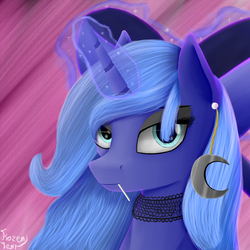 Size: 1024x1024 | Tagged: safe, artist:frozentear7, princess luna, pony, g4, bow, female, hair bow, magic, s1 luna, solo, toothpick, woona