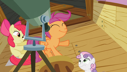 Size: 1366x768 | Tagged: safe, screencap, apple bloom, scootaloo, sweetie belle, family appreciation day, g4, bump, cutie mark crusaders, derp, raised hoof, stool, telescope