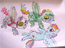 Size: 4000x3000 | Tagged: safe, artist:freakyfredover9000, oc, oc only, oc:dragon fly, changeling, changelingified, crossover, crossover shipping, female, male, offspring, shipping, species swap, straight, traditional art, turbo, wreck-it ralph