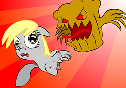 Size: 1492x1040 | Tagged: safe, artist:snecy, derpy hooves, pegasus, pony, g4, female, food, food monster, mare, monster, muffin, muffin monster, open mouth, sunburst background