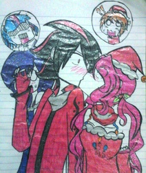 Size: 945x1116 | Tagged: safe, artist:hanahatsune9, pinkie pie, rarity, twilight sparkle, human, g4, crossover, humanized, kissing, lined paper, male, miles "tails" prower, shadow the hedgehog, shadpie, shipping, sonic the hedgehog (series), traditional art