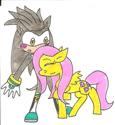 Size: 768x832 | Tagged: safe, artist:cmara, fluttershy, g4, crossover, male, shipping, silver the hedgehog, sonic the hedgehog, sonic the hedgehog (series), traditional art