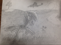 Size: 1280x960 | Tagged: safe, artist:mranthony2, oc, oc only, oc:lemon bounce, cute, grass, monochrome, scenery, shading, sketch, smiling, traditional art, trotting