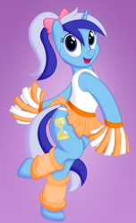 Size: 1120x1840 | Tagged: safe, artist:brianblackberry, artist:joey, minuette, pony, unicorn, g4, bipedal, cheerleader, clothes, colored, cute, female, leg warmers, panties, pom pom, ponytail, skirt, skirt lift, solo, underwear, upskirt, white underwear