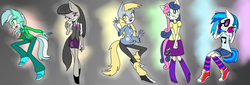 Size: 1280x437 | Tagged: safe, artist:popysfilms, bon bon, derpy hooves, dj pon-3, lyra heartstrings, octavia melody, sweetie drops, vinyl scratch, earth pony, anthro, plantigrade anthro, g4, background five, clothes, converse, sega, shoes, sonic the hedgehog (series), sonicified