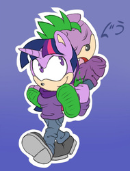 Size: 400x526 | Tagged: dead source, safe, artist:atomiclance, spike, twilight sparkle, mobian, anthro, plantigrade anthro, g4, clothes, cute, female, jacket, male, pants, piggyback ride, sandals, shoes, sonic the hedgehog (series), sonicified, spikabetes, sweater, walking