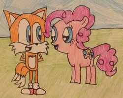 Size: 1069x853 | Tagged: safe, artist:pinkieparty0613, pinkie pie, fox, g4, crossover, male, miles "tails" prower, pinkietails, shipping, sonic the hedgehog (series), traditional art