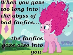 Size: 800x600 | Tagged: safe, edit, edited screencap, screencap, pinkie pie, earth pony, pony, g4, the mane attraction, alternate hairstyle, caption, disturbed, fanfic, female, friedrich nietzsche, frown, gritted teeth, image macro, mare, meme, messy mane, puffy mane, solo, tail, tailboner, text, wide eyes