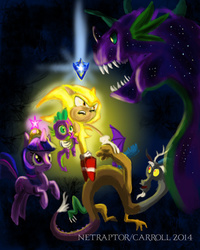 Size: 641x800 | Tagged: safe, artist:netraptor, discord, spike, twilight sparkle, dragon, g4, big crown thingy, crossover, fanfic, male, sonic the hedgehog, sonic the hedgehog (series), super sonic