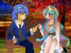 Size: 1600x1200 | Tagged: safe, artist:princess-rosalie97, princess celestia, human, g4, bench, crossover, flower, humanized, male, request, rose, shipping, sitting, sonic the hedgehog, sonic the hedgehog (series), soniclestia