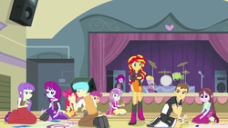 Size: 1280x720 | Tagged: safe, screencap, apple bloom, bright idea, fuchsia blush, lavender lace, mystery mint, scootaloo, starlight, sunset shimmer, sweetie belle, teddy t. touchdown, velvet sky, equestria girls, g4, my little pony equestria girls: rainbow rocks, background human, clothes, cutie mark crusaders, female, long skirt, skirt, trixie and the illusions
