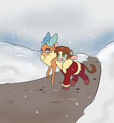 Size: 836x900 | Tagged: safe, artist:alorix, arizona (tfh), velvet (tfh), cow, deer, reindeer, them's fightin' herds, clothes, cloven hooves, coat, community related, female, lesbian, road, ship:velvezona, shipping, snow, snowfall, velvezona daily, winter