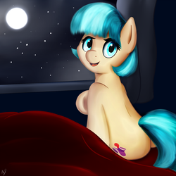 Size: 1200x1200 | Tagged: safe, artist:neighday, coco pommel, earth pony, pony, g4, bed, butt, female, looking at you, missing accessory, moon, night, offscreen character, plot, pov, solo