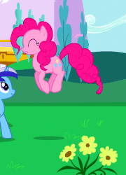 Size: 378x524 | Tagged: safe, screencap, minuette, pinkie pie, earth pony, pony, unicorn, amending fences, g4, animated, bouncing, cute, diapinkes, eyes closed, female, flower, happy, open mouth, pronking, smiling