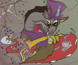 Size: 1024x863 | Tagged: safe, artist:woopingllama, angel bunny, discord, g4, alice in wonderland, chaos magic, evil grin, hat, mad hatter, march hare, tea, tea party