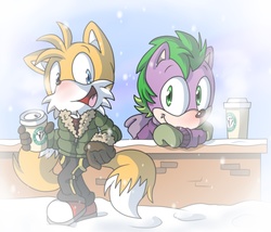Size: 3500x3000 | Tagged: dead source, safe, artist:atomiclance, spike, fox, anthro, plantigrade anthro, g4, coffee, crossover, cute, high res, male, miles "tails" prower, sonic the hedgehog, sonic the hedgehog (series), sonicified, spikabetes