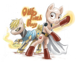 Size: 1728x1408 | Tagged: safe, artist:ailish, bald, boots, cape, clothes, crossover, genos, hairless, one punch man, ponified, saitama