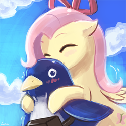 Size: 750x750 | Tagged: safe, artist:lumineko, fluttershy, bird, pegasus, penguin, pony, g4, 30 minute art challenge, clothes, cosplay, costume, disgaea, eyes closed, female, flonne, prinny, solo