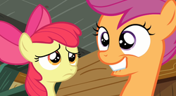 Size: 1323x726 | Tagged: safe, screencap, apple bloom, scootaloo, g4, smiling