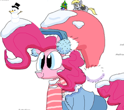 Size: 604x538 | Tagged: safe, artist:hattsy, derpy hooves, pinkie pie, pegasus, pony, g4, christmas tree, clothes, earmuffs, female, flockmod, hat, jacket, mare, pants, present, santa hat, scarf, simple background, size difference, smiling, snow, snowman, solo, sweater, tiny, tiny ponies, tree, white background