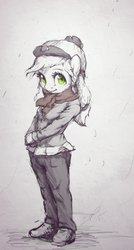 Size: 578x1080 | Tagged: safe, artist:assasinmonkey, applejack, earth pony, anthro, plantigrade anthro, g4, beanie, chromatic aberration, clothes, cute, female, freckles, hat, jackabetes, limited palette, looking at you, pants, scarf, shoes, smiling, solo, winter outfit