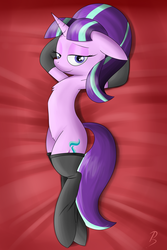 Size: 3000x4500 | Tagged: safe, artist:pj-nsfw, starlight glimmer, pony, unicorn, g4, adorasexy, bed, bedroom eyes, body pillow, body pillow design, clothes, cute, female, floppy ears, high res, hooves behind head, looking at you, lying down, mare, on back, s5 starlight, sexy, sinfully sexy, smiling, smiling at you, socks, solo, stupid sexy starlight glimmer
