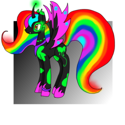 Size: 1500x1500 | Tagged: safe, artist:tradgoedia, oc, oc only, oc:princess idek, alicorn, pony, alicorn oc, body markings, bracelet, colored wings, curved horn, donut steel, facial markings, fangs, gradient background, hoof shoes, horn, jewelry, joke oc, multicolored hair, multicolored mane, multicolored tail, multicolored wings, original character do not steal, peytral, rainbow eyes, rainbow hair, simple background, spread wings, standing, tail, torn ear, transparent background, wings