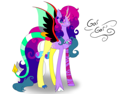 Size: 1300x1000 | Tagged: safe, artist:story-story, oc, oc only, oc:gar gar the hybrid, alicorn, hybrid, pony, :3, alicorn oc, body markings, cat nose, claws, cloven hooves, colored eyelashes, colored hooves, colored horn, colored sclera, colored wings, curved horn, donut steel, ear piercing, earring, freckles, horn, jewelry, multicolored hair, multicolored mane, multicolored tail, multicolored wings, multiple horns, multiple tails, piercing, rainbow horn, simple background, solo, spread wings, standing, striped tail, tail, transparent background, transparent wings, unshorn fetlocks, whiskers, wings