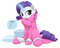 Size: 3200x2580 | Tagged: safe, artist:ohemo, rarity, pony, unicorn, g4, :3, clothes, coffee, cup, female, food, high res, magic, mare, nightgown, pillow, simple background, slippers, solo, telekinesis, transparent background