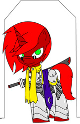 Size: 1454x2244 | Tagged: safe, artist:gh0st, oc, oc only, oc:metalmax, pony, unicorn, armor, chainmail, clothes, crescent moon, katana, looking at you, male, platemail, scarf, solo, stallion, sunglasses, sword, weapon