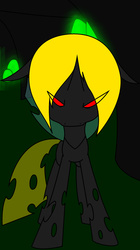 Size: 1456x2592 | Tagged: safe, artist:gh0st, oc, oc only, oc:chip bobowski, changeling, angry, blonde, looking at you, red eyes, solo