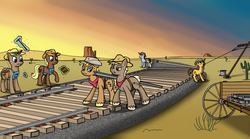 Size: 1796x1000 | Tagged: safe, artist:avastindy, desert, railroad, sunset, train tracks, unshorn fetlocks